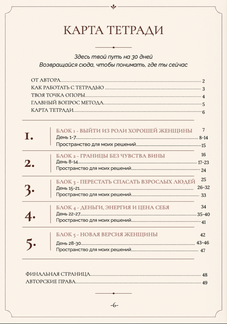 Карта 30-дневного воркбука с пятью последовательными блоками